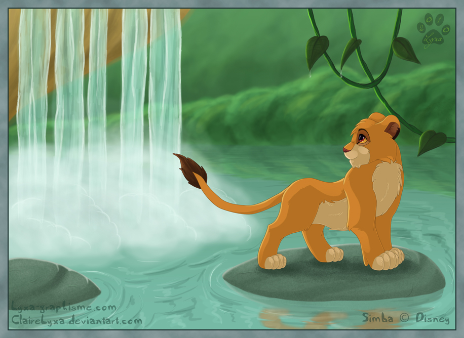 Simba près d'une cascade (dans le Roi Lion)
