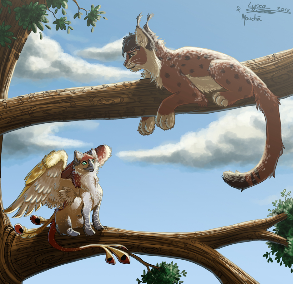 Un Griffon et un lynx dans un arbre

